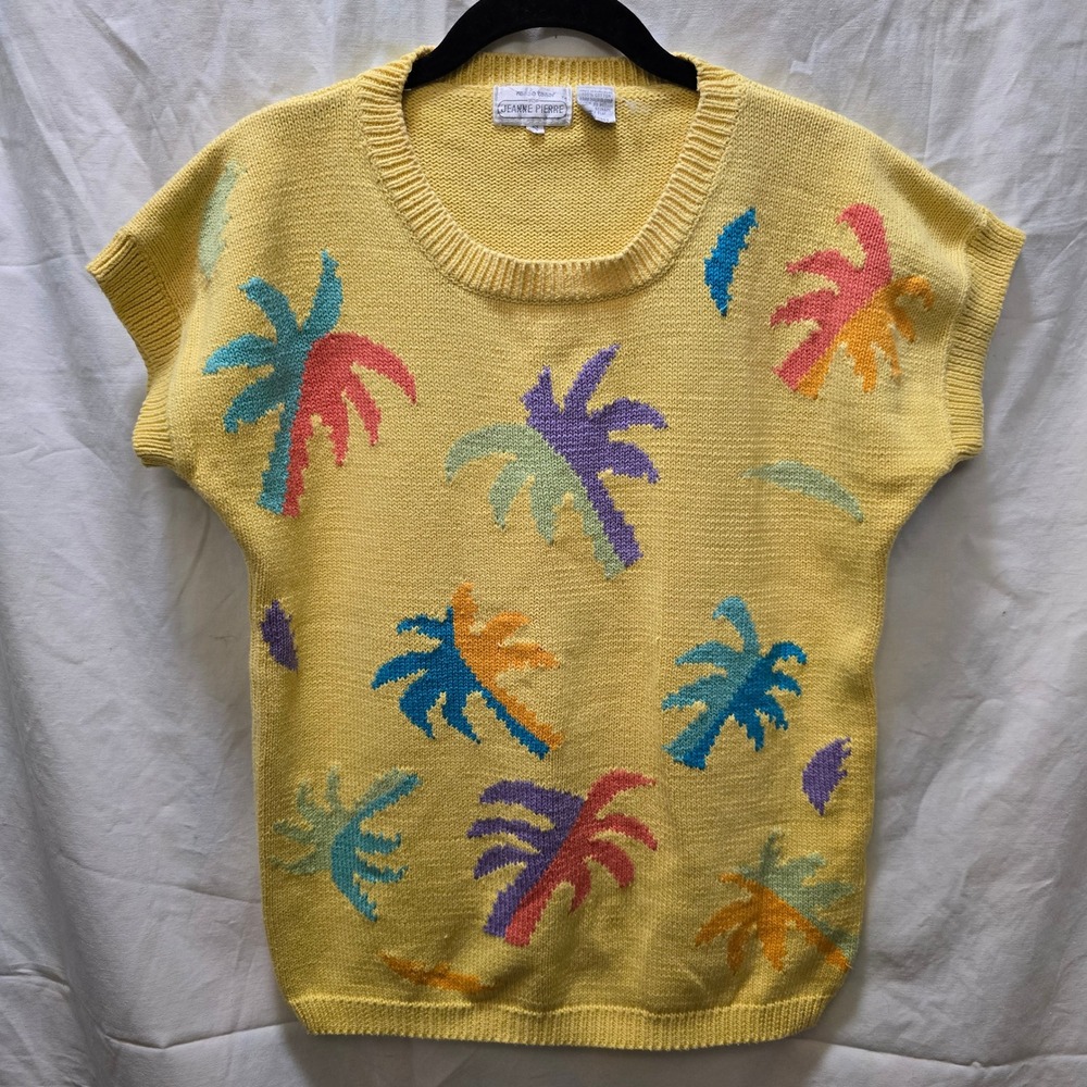 Vintage Renee Tener for Jeanne Pierre Yellow‎ Palm Tree Knit Top Small Crewneck